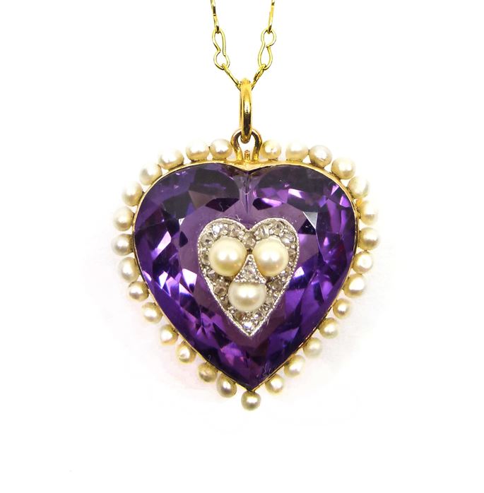 Antique amethyst, pearl and diamond heart pendant | MasterArt